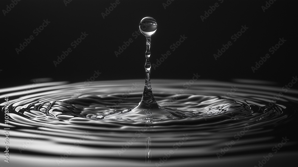 Black and white macro image of a single water droplet creating a splash in rippling liquid Black and white macro image of a single water droplet creating a splash in rippling liquid