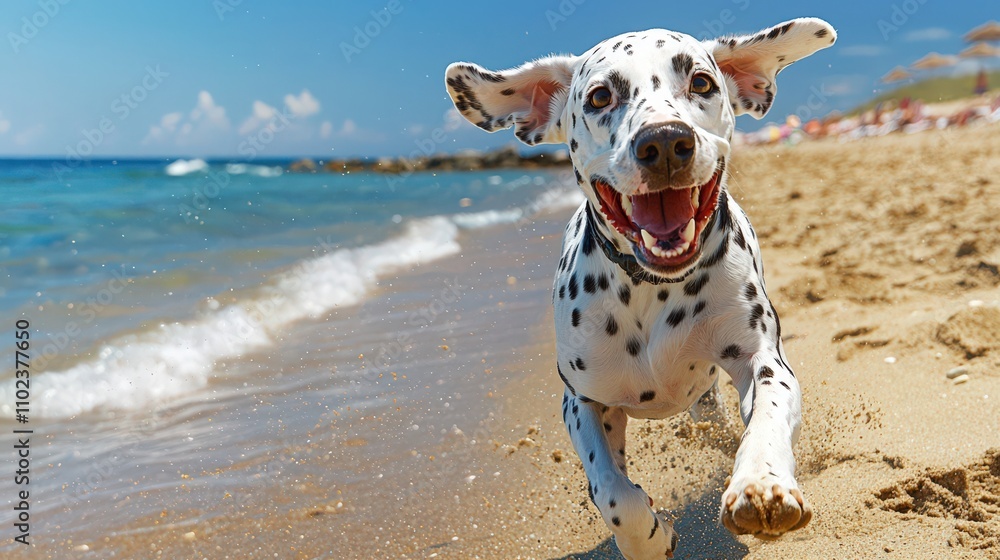 Dalmatian joyfully runs on a sandy beach under a bright blue sky Dalmatian joyfully runs on a sandy beach under a bright blue sky