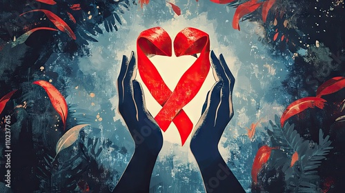 A pair of hands cradling a large red ribbon shaped like a heart, symbolizing love and support. photo