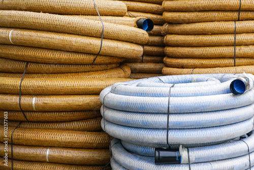 PVC corrugated perforated drainage pipe rolls with coir or coconut fiber filter and geotextile photo