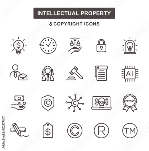 Intellectual property and copyright law icons, modern line art icon set with editable stroke.