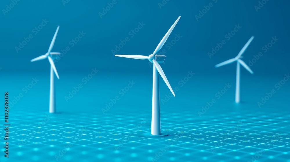 Modern wind turbines with holographic designs on a dynamic surface. Modern wind turbines with holographic designs on a dynamic surface.