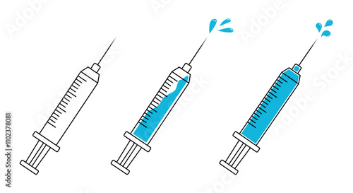 A disposable syringe illustration. A syringe with medicine and drops. An outline syringe drawing. Injections and vaccination.
