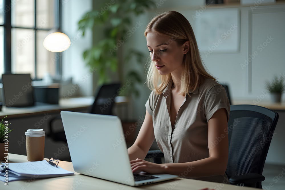 a woman sits at a laptop in the office a woman sits at a laptop in the office
