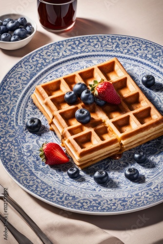 Fluffy waffles served with a medley of fresh berries and syrup. Inviting scene captures attention, making it great for brunch promotions and food related content.