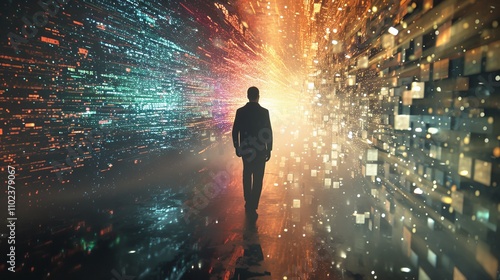 A man walks into a vibrant, glowing tunnel made of colorful digital lights, symbolizing a journey into the virtual or data-driven future. AI generated.