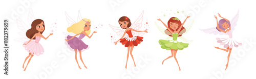 Cute Fairy Girl Flying with Light Wings in Pretty Dress Vector Set