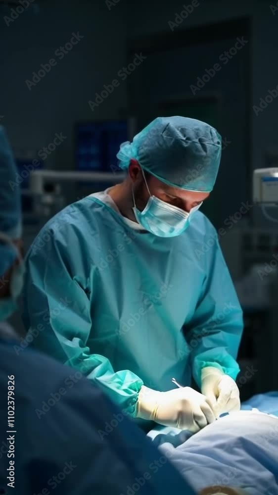 Focused surgeon working under surgical lights during an operation in a sterile operating room. Focused surgeon working under surgical lights during an operation in a sterile operating room.