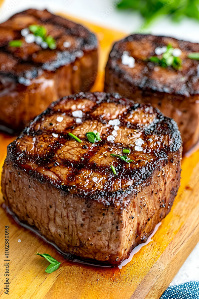 Juicy grilled steaks with a perfect sear, garnished with herbs, served on a wooden board. Juicy grilled steaks with a perfect sear, garnished with herbs, served on a wooden board.