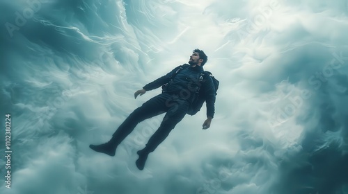 Man floats amidst swirling clouds, surreal.