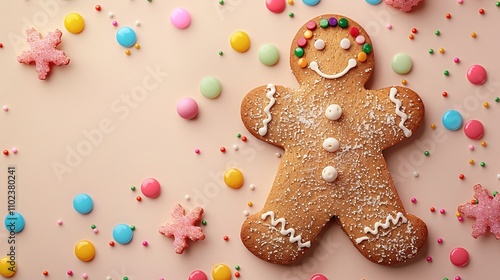 gingerbread man cookie with colorful candies, festive holiday treat, Christmas-themed dessert, sweet decoration, cute gingerbread character, pastel pink background, holiday baking fun

 photo