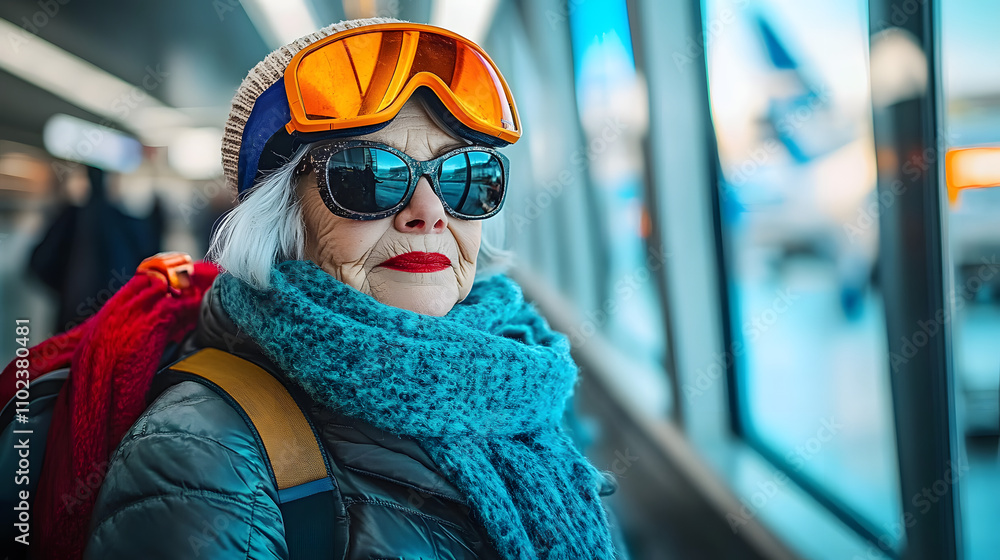 Funny grandma in ski gear at an airport, ready to travel. Funny grandma in ski gear at an airport, ready to travel.