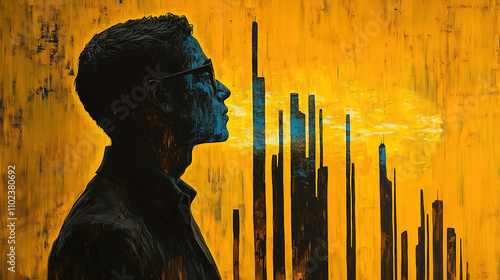 Silhouette of a man against an abstract yellow background with city skyline outlines at dusk. Generative AI