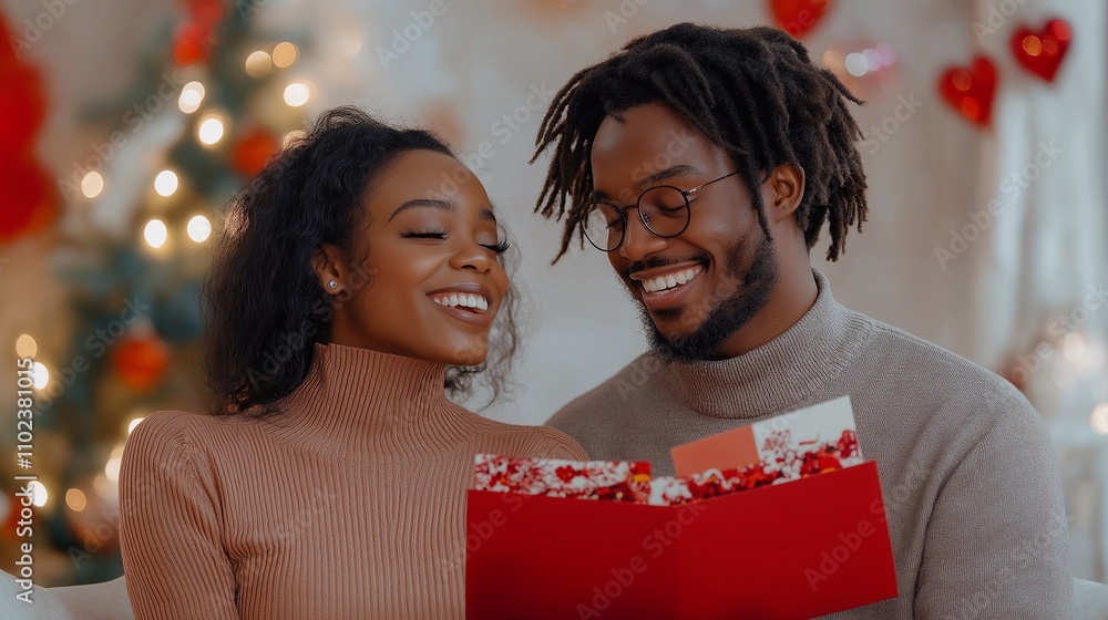A black couple exchanging Valentine’s Day cards, enjoying a tender, romantic moment. The festive decor in the background of home, the love-filled atmosphere, Valentine’s celebrations, relationship A black couple exchanging Valentine’s Day cards, enjoying a tender, romantic moment. The festive decor in the background of home, the love-filled atmosphere, Valentine’s celebrations, relationship