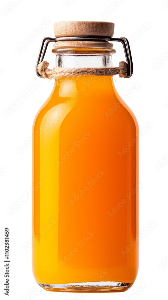 A glass bottle filled with vibrant orange juice, featuring a wooden cap and twine detail, showcasing freshness and natural appeal. PNG on a transparent background. A glass bottle filled with vibrant orange juice, featuring a wooden cap and twine detail, showcasing freshness and natural appeal. PNG on a transparent background.