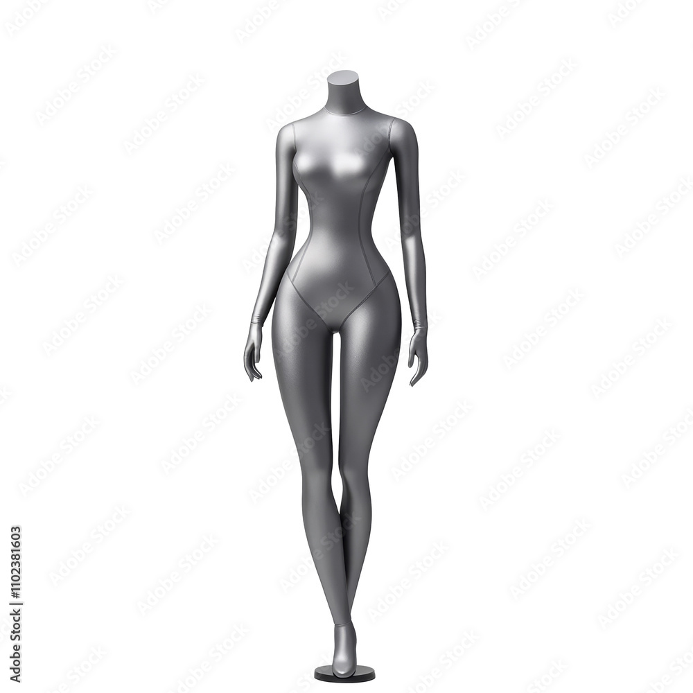 A sleek, silver mannequin with an elongated form, posed upright to showcase clothing or accessories, emphasizing style and elegance. PNG on a transparent background. A sleek, silver mannequin with an elongated form, posed upright to showcase clothing or accessories, emphasizing style and elegance. PNG on a transparent background.