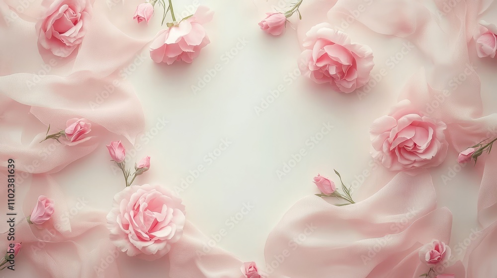 A soft pink abstract background featuring delicate roses and flowing fabric, creating a gentle and romantic atmosphere A soft pink abstract background featuring delicate roses and flowing fabric, creating a gentle and romantic atmosphere