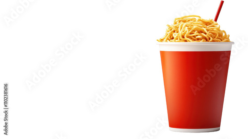 Delicious noodles in a vibrant red cup. transparent background