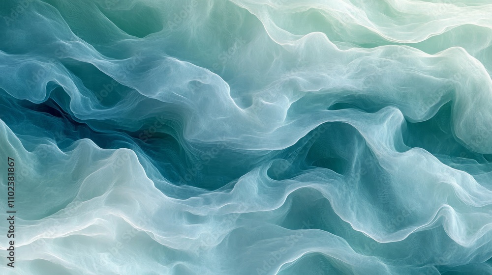 Obraz premium An abstract background featuring gentle wave patterns in soft shades of teal and white, creating a fluid and ethereal appearance