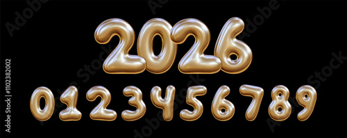 Set of golden liquid numbers from zero to nine. 3D inflated numbers with reflective texture.