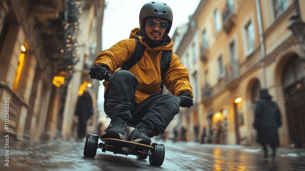 Obraz premium A person rides a skateboard down a cobblestone street, wearing a helmet and sunglasses.