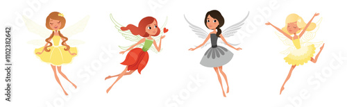 Cute Fairy Girl Flying with Light Wings in Pretty Dress Vector Set