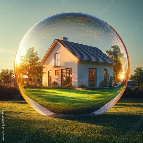 Dreamy house encapsulated in a giant bubble under sunset glow