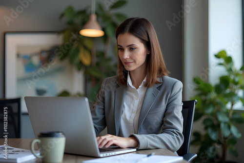 a woman sits at a laptop in the office