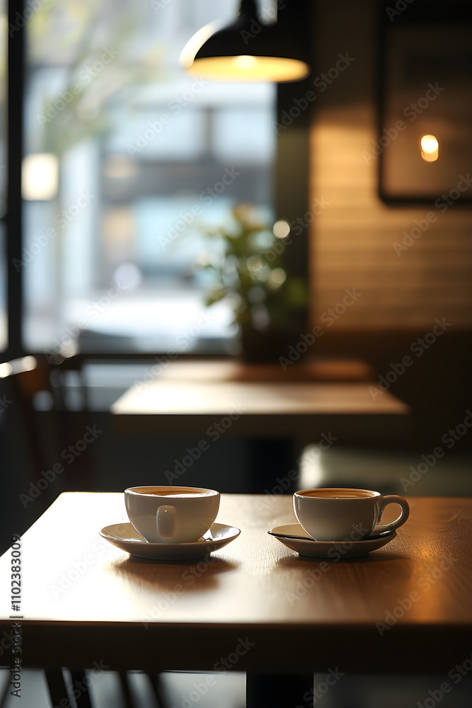 Cozy Minimalist Coffee Shop Ambiance with Wooden Table and Soft Lighting Cozy Minimalist Coffee Shop Ambiance with Wooden Table and Soft Lighting