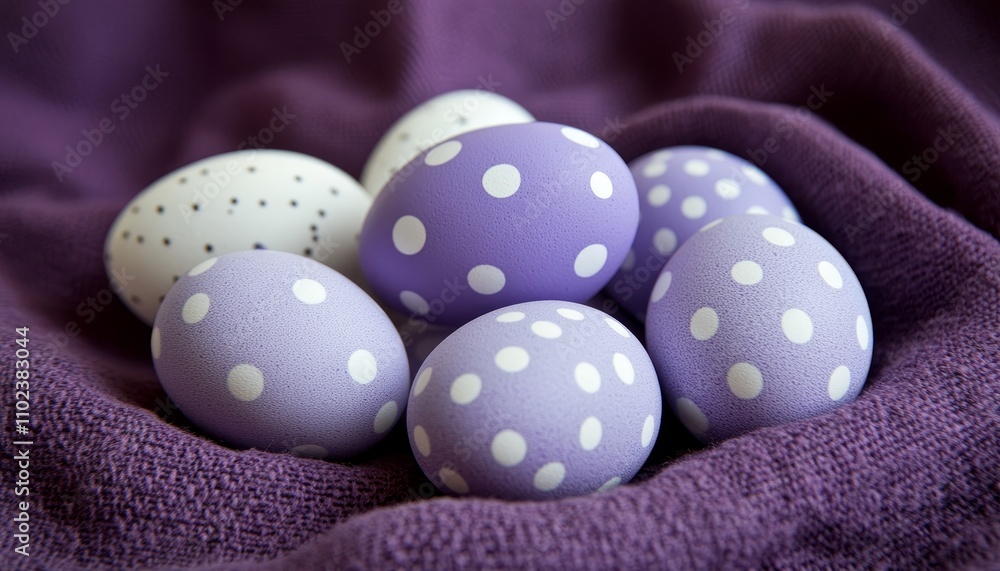 Purple and White Polka Dot Easter Eggs on Soft Purple Fabric, Easter Celebration Concept Purple and White Polka Dot Easter Eggs on Soft Purple Fabric, Easter Celebration Concept