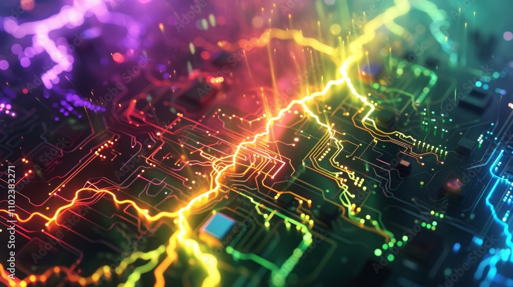 A digital depiction of a circuit board with neon-colored electricity flows, representing energy, technology, and innovation. The glowing colors give a futuristic, electrifying mood. AI generated. A digital depiction of a circuit board with neon-colored electricity flows, representing energy, technology, and innovation. The glowing colors give a futuristic, electrifying mood. AI generated.