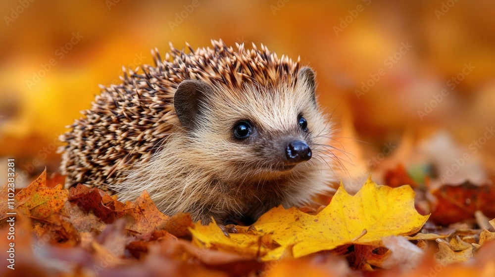 Fototapeta premium Close-Up of Adorable Hedgehog Nestled in Vibrant Autumn Leaves with Warm Colors