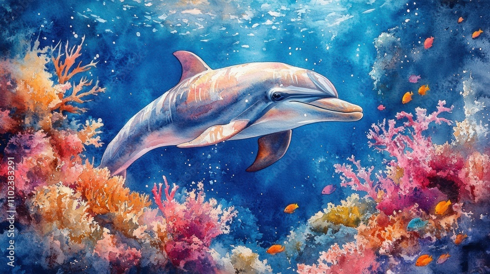 Fototapeta premium Dolphin Swimming Through Vibrant Coral Reef