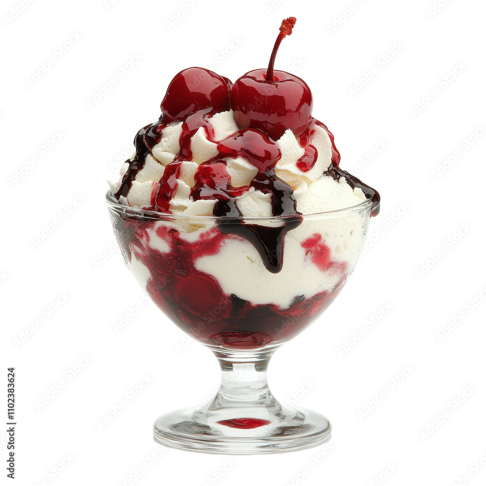 Delicious ice cream sundae with cherries. transparent background