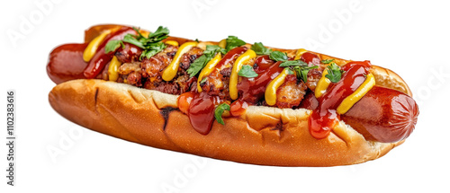 Delicious hot dog with toppings and condiments. transparent background