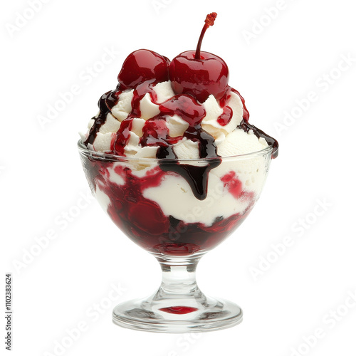 Delicious ice cream sundae with cherries. transparent background