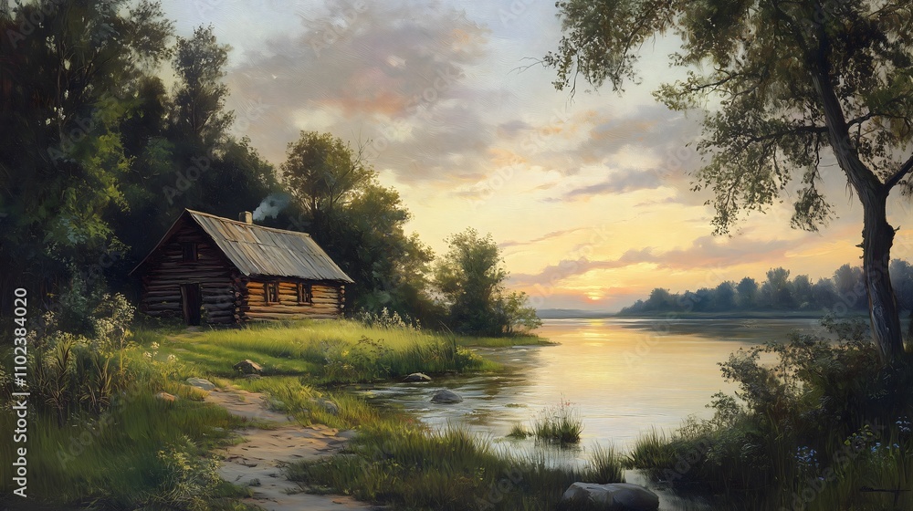 Serene Riverside Cabin at Sunset Serene Riverside Cabin at Sunset