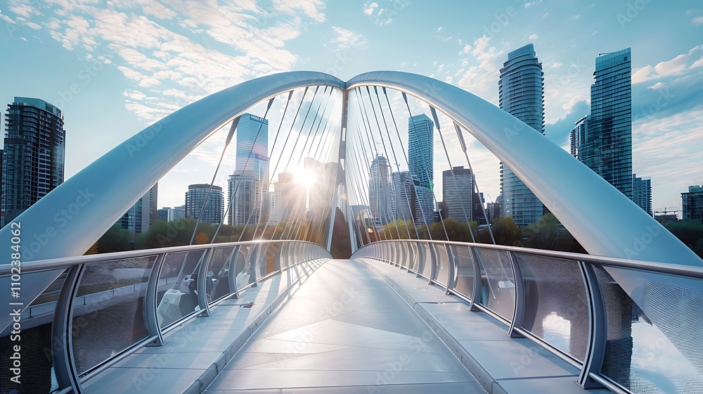 Obraz premium A modern bridge with a city skyline showcasing advanced architectural design