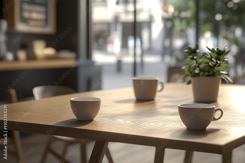 Cozy Minimalist Coffee Shop Ambiance with Wooden Table and Soft Lighting Cozy Minimalist Coffee Shop Ambiance with Wooden Table and Soft Lighting