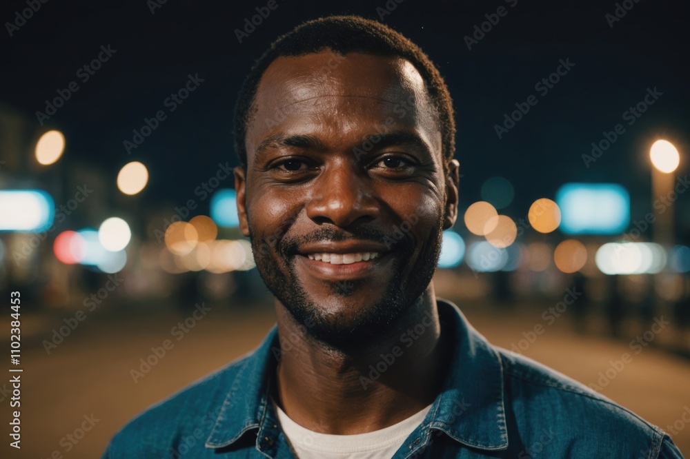Obraz premium Close portrait of a smiling 40s Angolan man looking at the camera, Angolan city outdoors at night blurred background