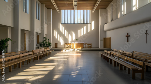 Spacious church interior with wooden benches and sunlight streaming through windows, copy space
