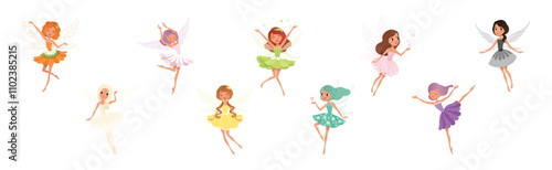 Cute Fairy Girl Flying with Light Wings in Pretty Dress Vector Set