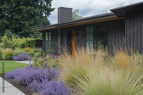 A mid-century modern home in Lake Oswego features shou sugi ban siding with large windows, complemented by purple and yellow ornamental grasses and lavender plants. The landscaping design. photo