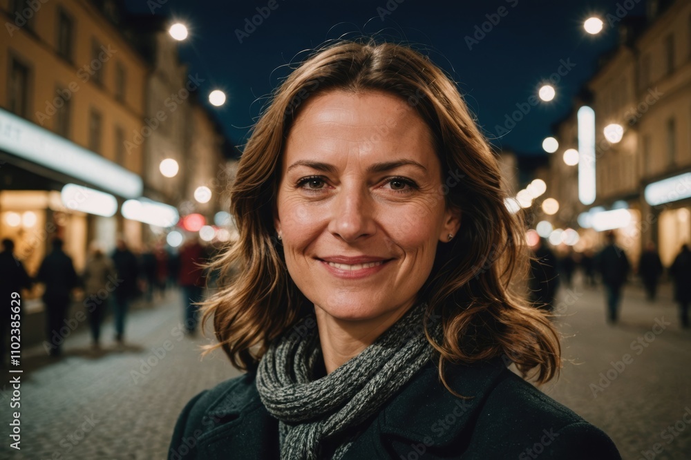Fototapeta premium Close portrait of a smiling 40s Austrian woman looking at the camera, Austrian city outdoors at night blurred background