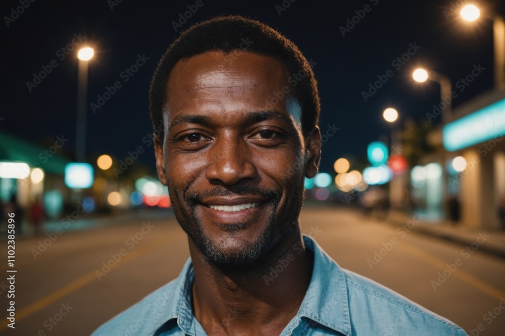 Close portrait of a smiling 40s Bahamian man looking at the camera, Bahamian city outdoors at night blurred background Close portrait of a smiling 40s Bahamian man looking at the camera, Bahamian city outdoors at night blurred background