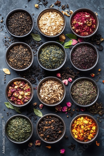 Twelve small dark bowls are filled with various dried teas, herbs, flower petals, and spices, arranged on a dark textured background, creating a vibrant and aromatic display