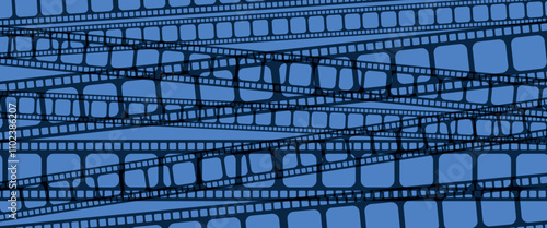 Film Strip Background - Several Black Tapes of Different Sizes Superimposed on a Blue Background.