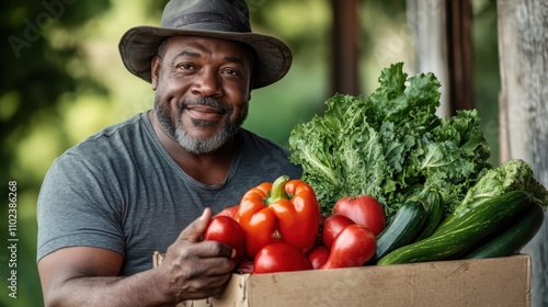 A smiling man in a hat holds a box filled with fresh tomatoes, cucumbers, and leafy greens, embodying the joy of organic farming and sustainable living.