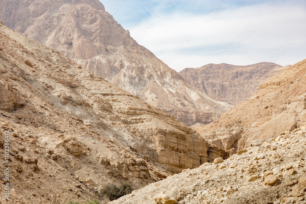 Wadi Arugot National Park is a desolate rocky landscape Wadi Arugot National Park is a desolate rocky landscape