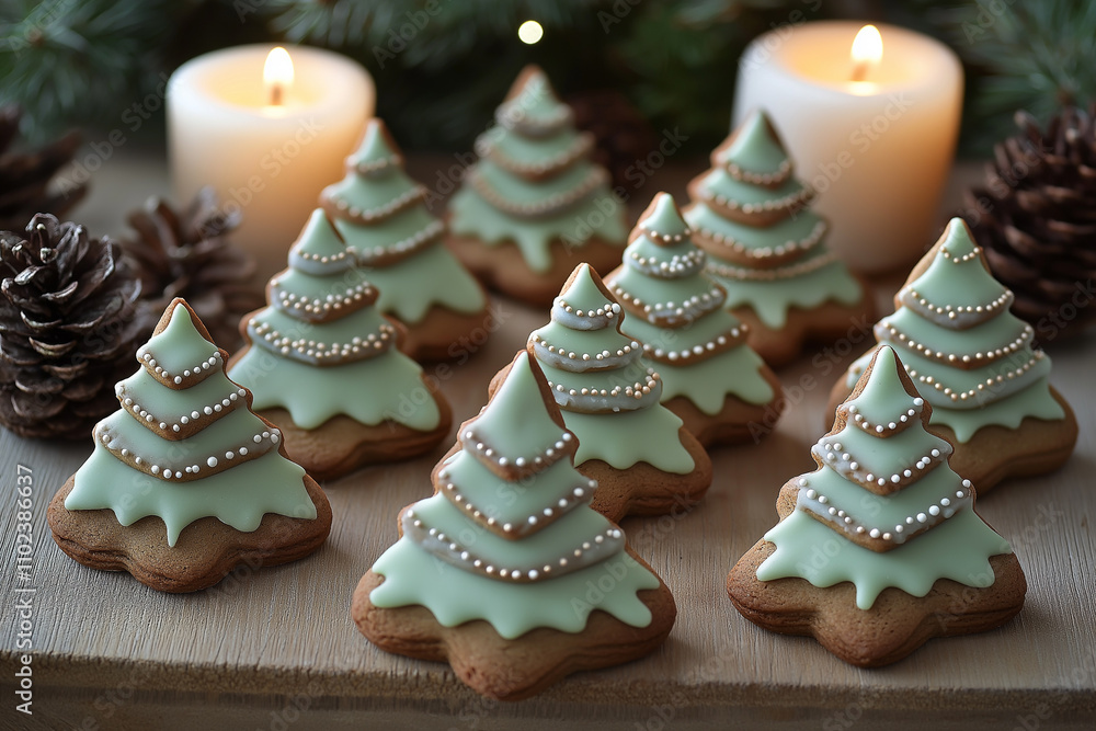 A collection of gingerbread cookies shaped like Christmas trees, decorated with green icing and white pearls, arranged beside pinecones and candles A collection of gingerbread cookies shaped like Christmas trees, decorated with green icing and white pearls, arranged beside pinecones and candles
